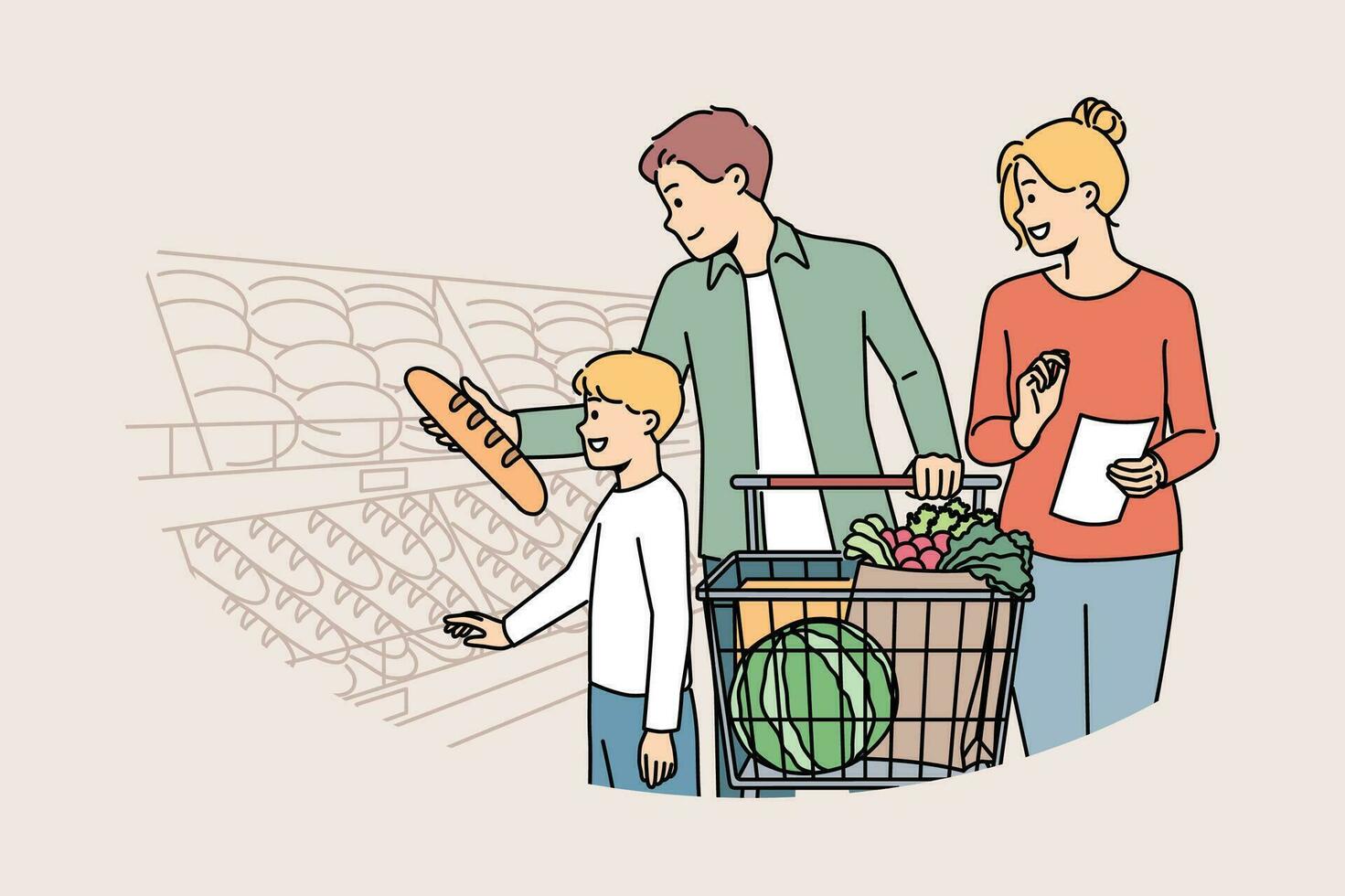 glücklich Familie ist Einkaufen im Supermarkt, Stehen mit Wagen in der Nähe von Regale mit frisch Brot. Junge besucht Lebensmittelgeschäft Geschäft mit Eltern wählen Gebäck oder brot, zum Konzept von gesund Diät vektor