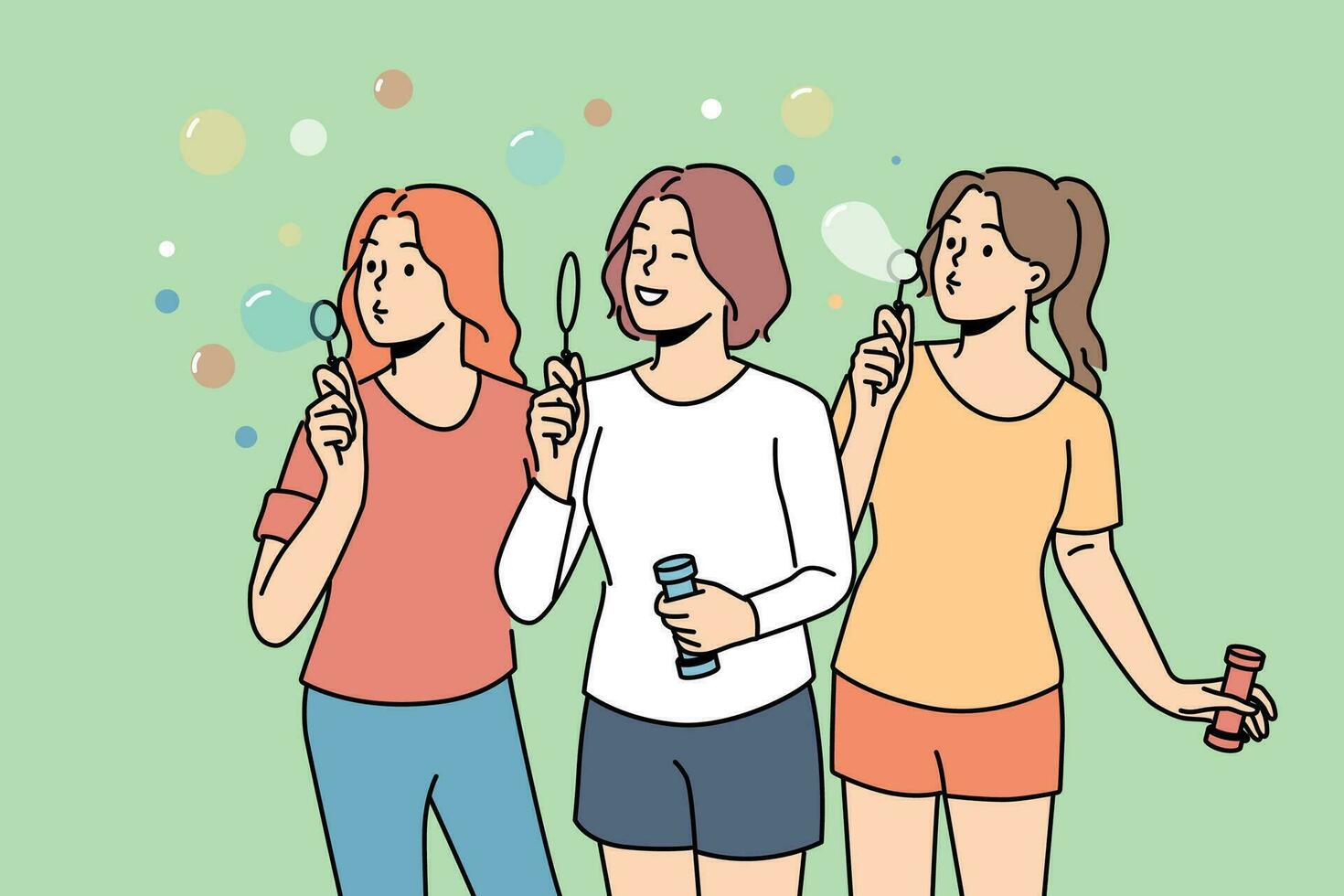 Teenager Mädchen aufblasen Seife Luftblasen genießen draussen Erholung im heiß Sommer- Wetter. drei hoch Schule Mädchen Liebe zu hängen aus und haben Spaß spielen im Park, zum Konzept von sorglos Kindheit vektor