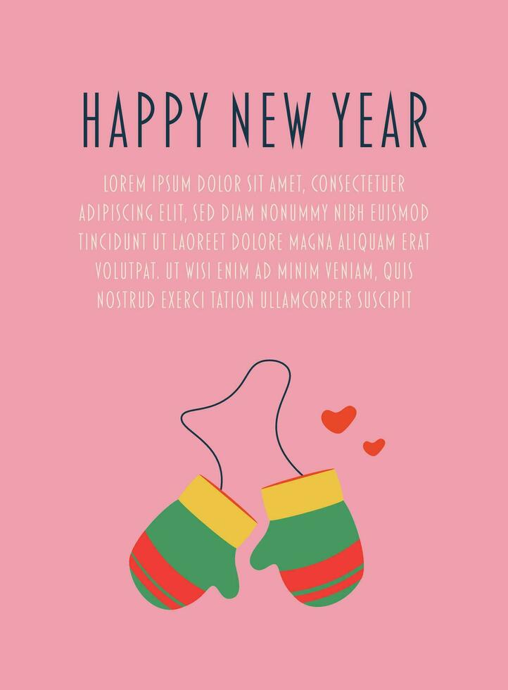Postkarte mit Text glücklich Neu Jahr, Handschuhe mit ein elastisch Band. vektor