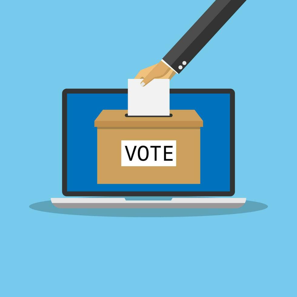 Vektor eben Stil von Laptop online Abstimmung , politisch und Präsident Entscheidung Konzept, Kandidat Party Regierung Kampagne, Blau Hintergrund, editierbar gestalten und Objekt.
