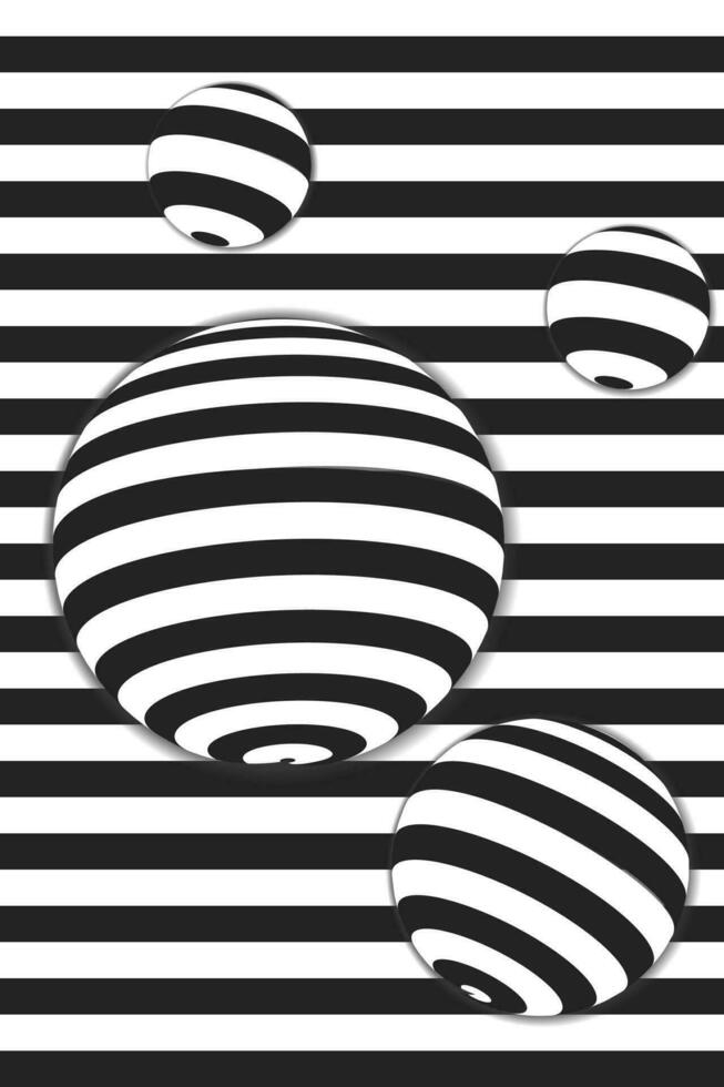 bakgrund av svart och vit horisontell remsa och 3d-figurer. mallar för baner, omslag, affisch, vykort. abstrakt svart och vit mönster. optisk 3d konst vektor