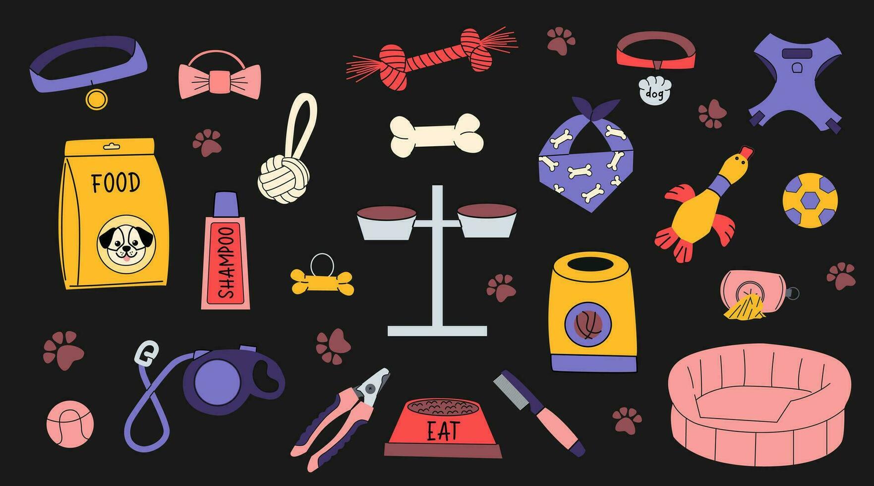 tecknad serie platt klistermärken, Tillbehör och Utrustning för hundar. mat, leksaker, krage, koppel, ben, skålar, säng. begrepp för en sällskapsdjur affär. ritad för hand färgrik ikoner. vektor