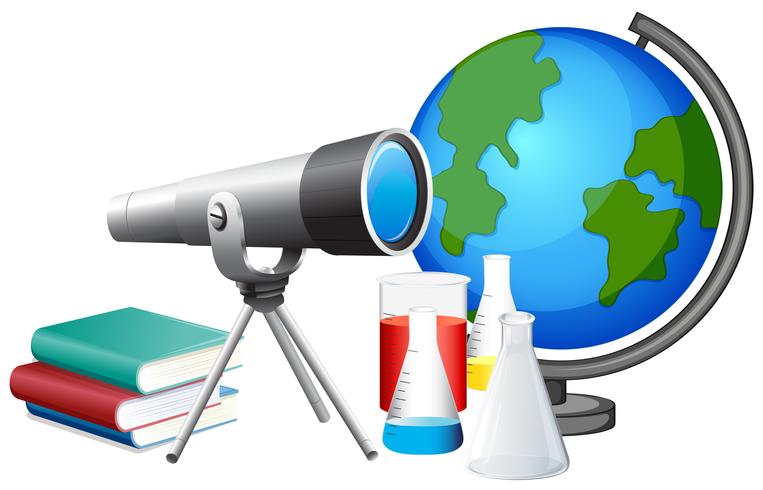 Verschiedene Schulausrüstungen mit Teleskop und Globus vektor