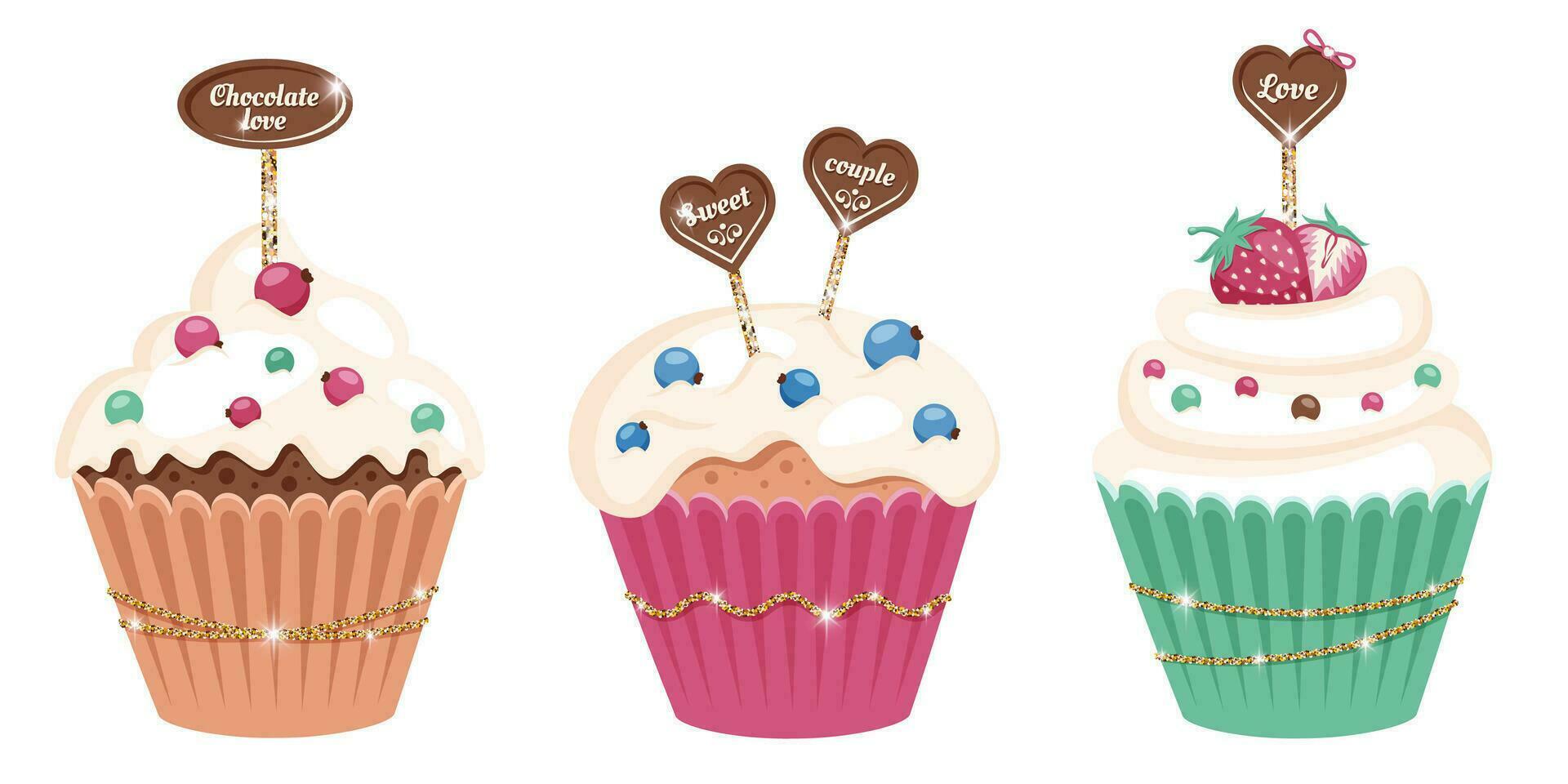 Valentinstag Tag. einstellen von festlich Süss Muffins mit verschiedene Glasur, funkeln Schleife. lecker Cupcakes, Herz geformt Schokolade, Erdbeere, Blaubeere, bestreuen. romantisch Konzept. Vektor Illustration