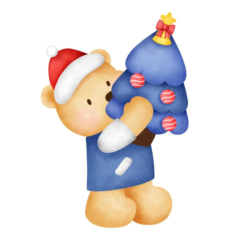 Weihnachts- und Neujahrsgrußkarte mit einem süßen Teddybären und Weihnachtsbaum im Aquarellstil. vektor