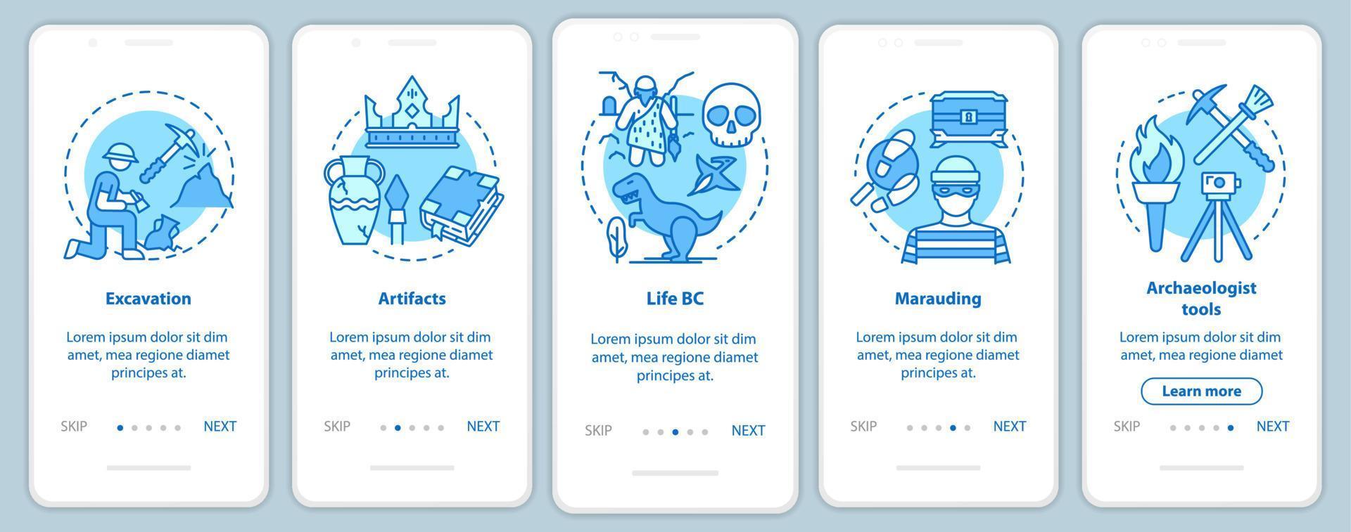 Archäologie Onboarding Mobile App Seite Bildschirm Vektorvorlage vektor