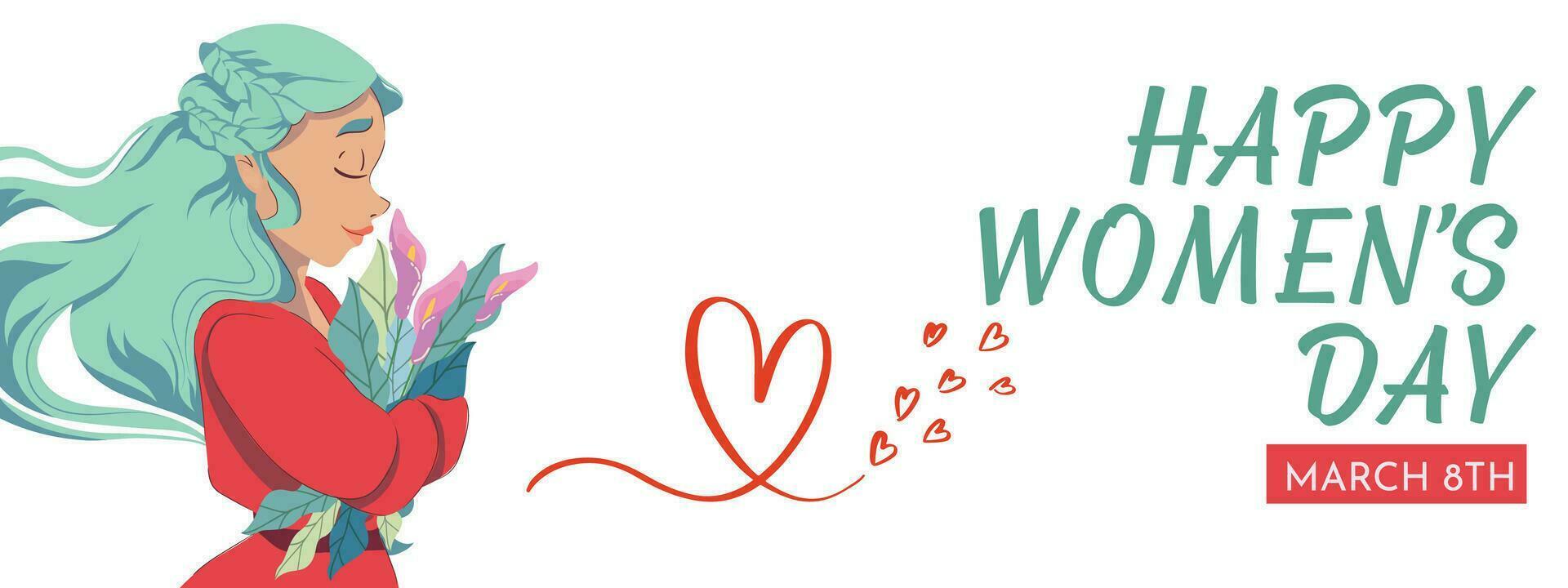 International Damen Tag März 8 mit Rahmen von Frau umarmen Blumen, eben Illustration von Frau. Konzept von Frauen liebend sich. vektor