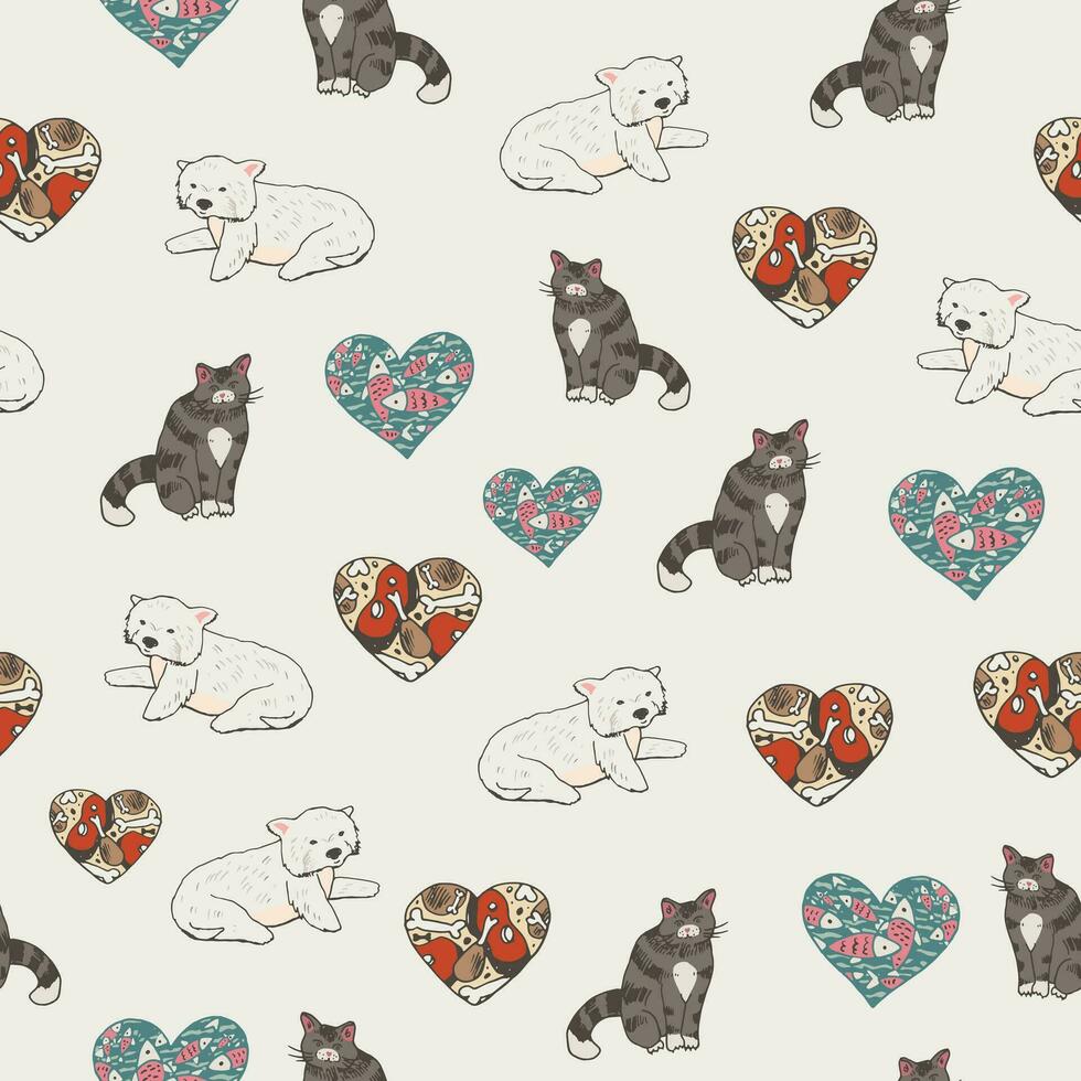 sömlös vektor mönster med katter, hundar och hjärtan på den