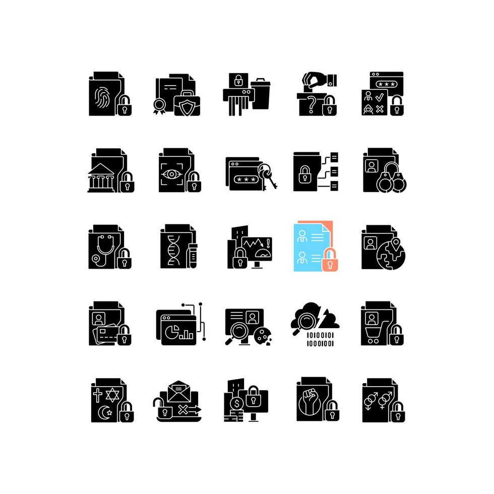 sensible Informationstypen schwarze Glyphensymbole auf weißem Raum vektor