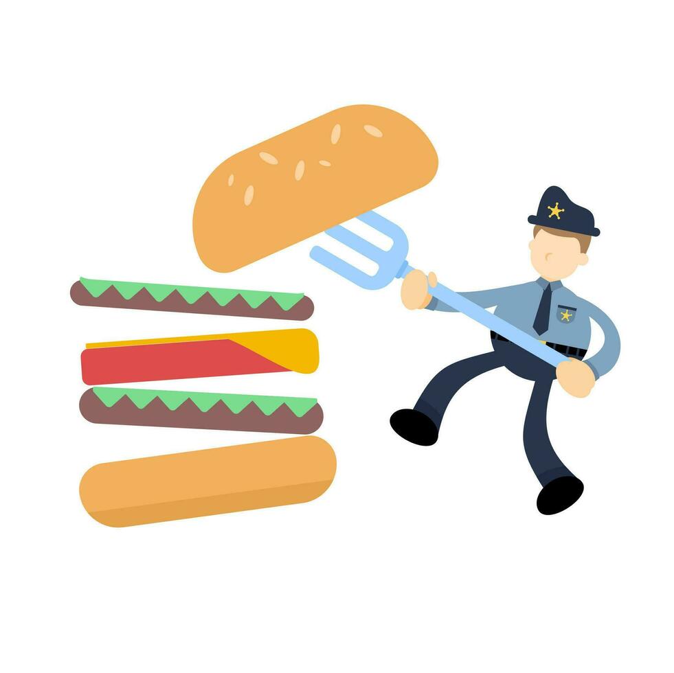 glücklich Polizei Offizier und Essen Burger schnell Essen Karikatur Gekritzel eben Design Stil Vektor Illustration