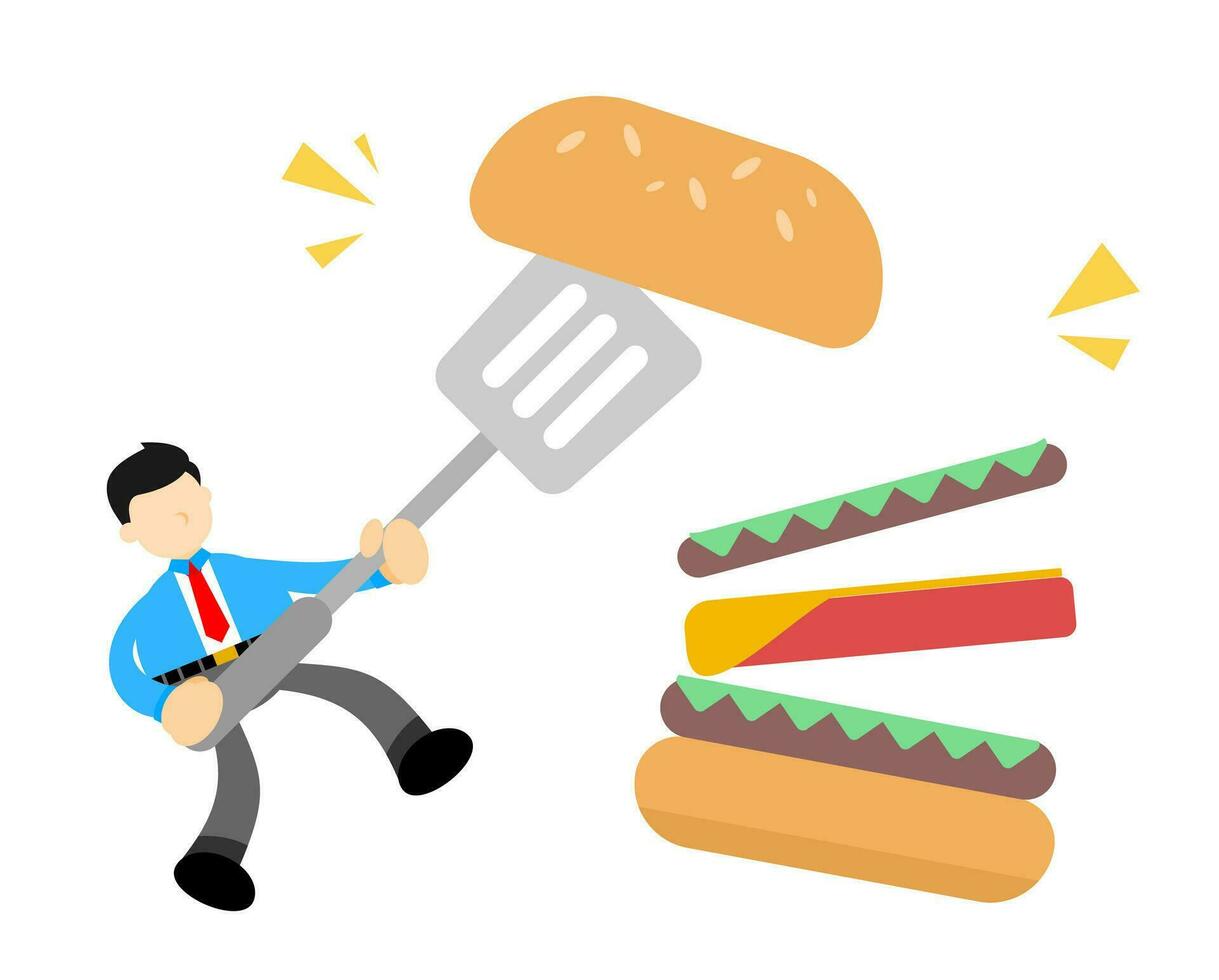 Geschäftsmann Kochen und Essen Burger schnell Essen Karikatur Gekritzel eben Design Stil Vektor Illustration