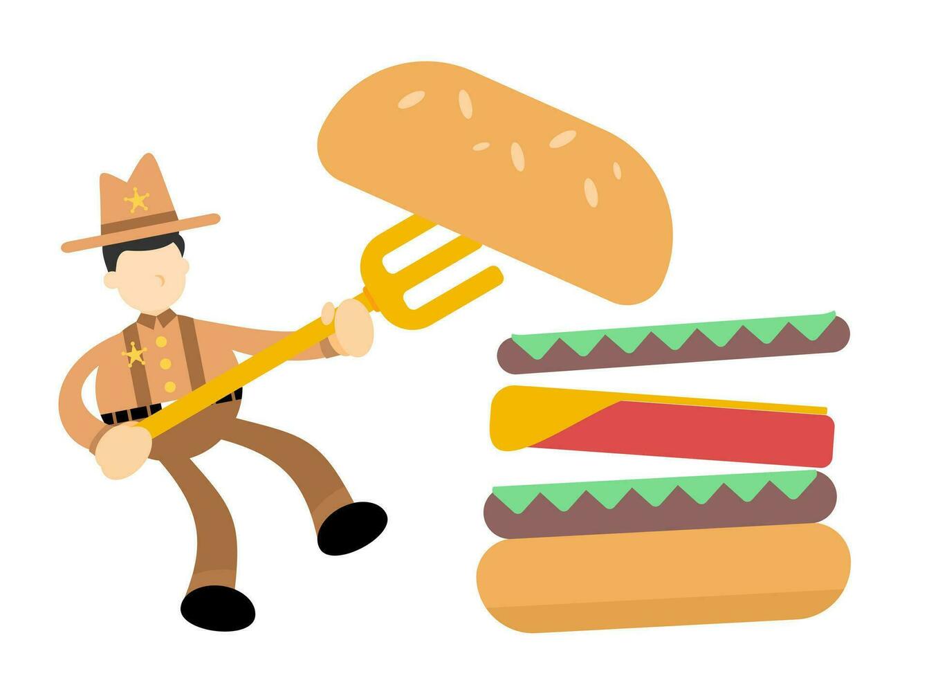 glücklich Amerika Cowboy und Essen Burger schnell Essen Karikatur Gekritzel eben Design Stil Vektor Illustration