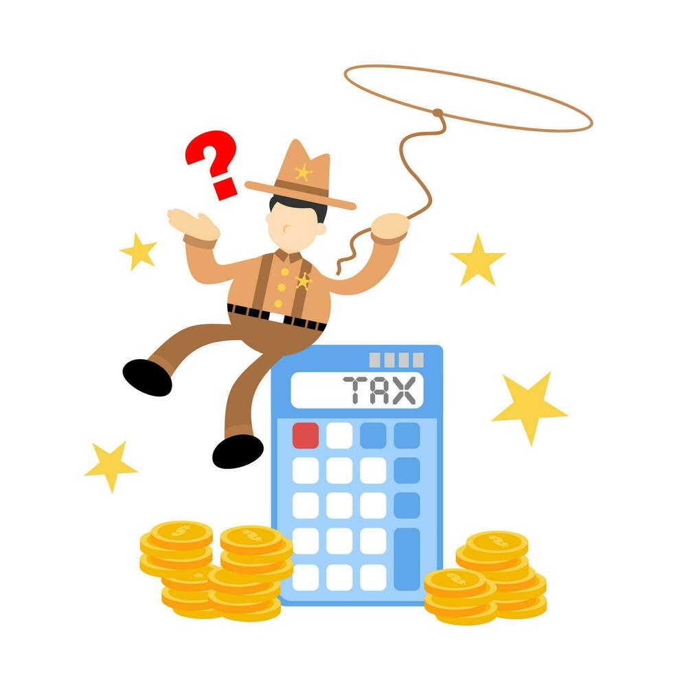 Cowboy Amerika und Taschenrechner Finanzen Geld MwSt Karikatur Gekritzel eben Design Stil Vektor Illustration