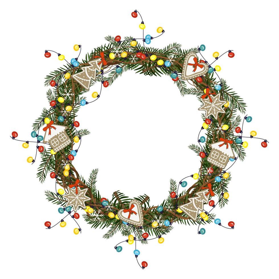 rund julkrans av grangrenar med pepparkakor, färgglada glödlampor krans och snöflingor. festlig dekoration för nyår och vintersemester vektor