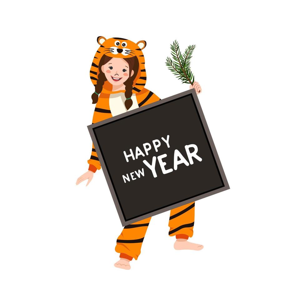 Mädchen im Karnevalskostüm des Tigers mit Zeichen für Text und Tannenzweig in der Hand. Kind im Partypyjama. Kind im Overall oder Kigurumi, festliche Kleidung für Neujahr, Weihnachten oder Urlaub vektor