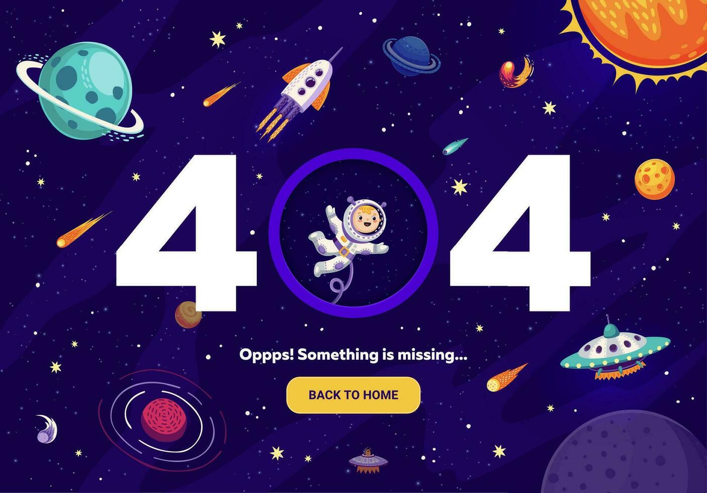 404 Seite mit Karikatur Galaxis Raum UFO, Astronaut vektor