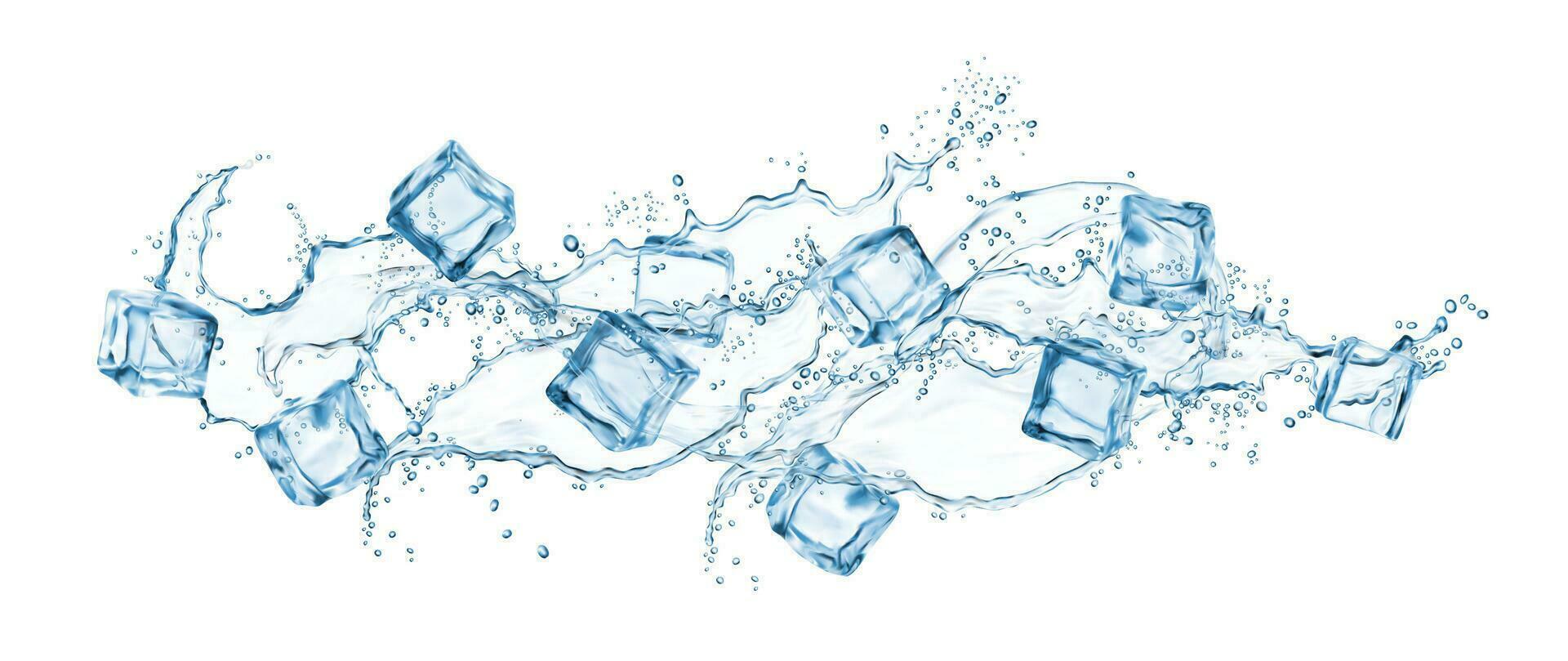 Flüssigkeit Blau lange Wasser fließen Spritzen und Eis Würfel vektor