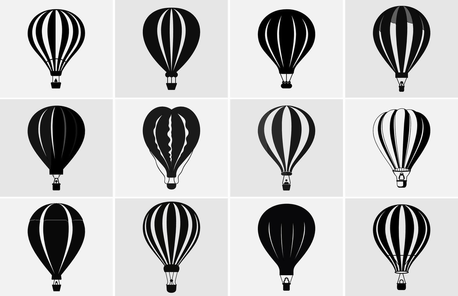 Vektor Illustration. Silhouette von heiß Luft Ballon. Luft Transport zum Reise. isoliert auf Weiß und grau Hintergrund.