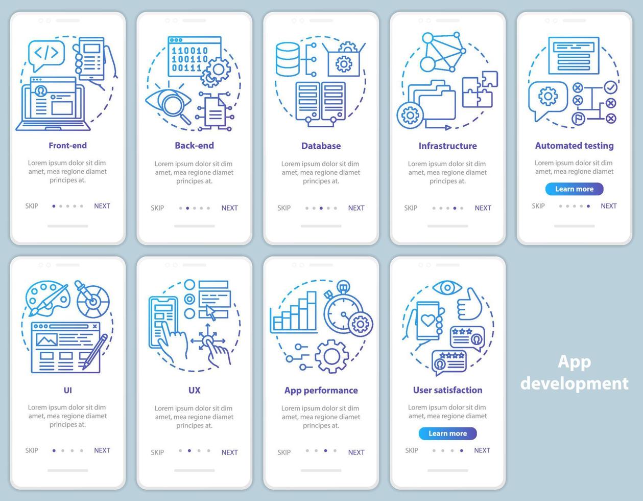 applikationsutveckling onboarding mobil app sida skärm vektor mall