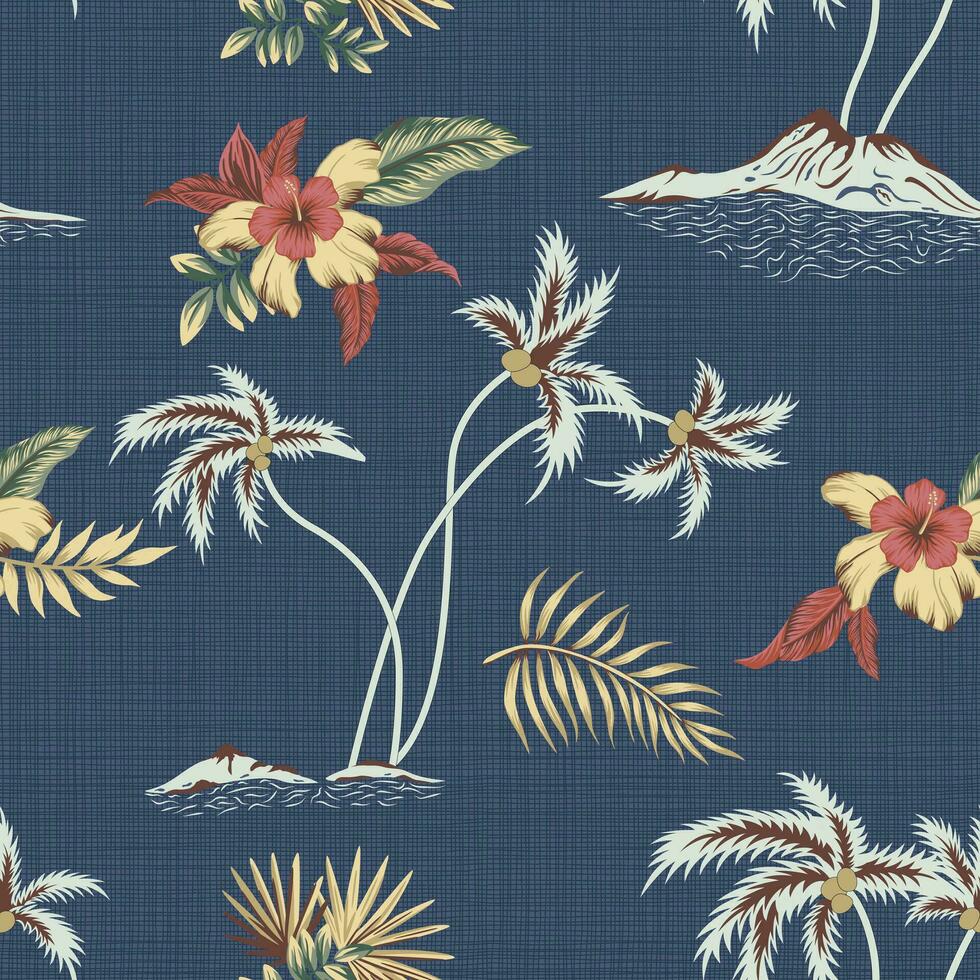 Hand gezeichnet tropisch Insel, Palme Baum, Blume und Blätter nahtlos Muster auf Textur Hintergrund vektor