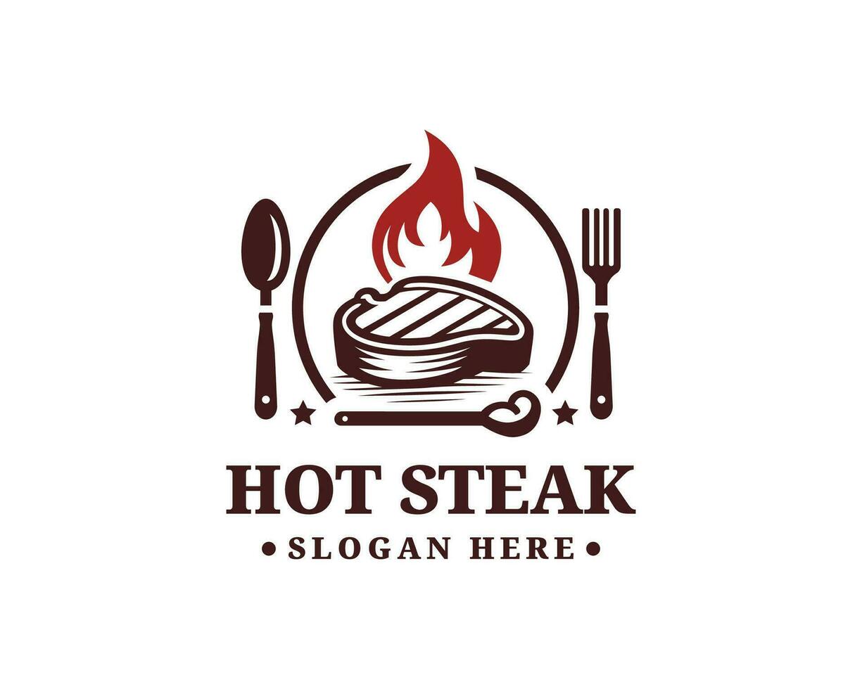 heiß Steak Grill Logo Design. Löffel Gabel mit Fleisch Feuer Flamme. Restaurant Logo vektor