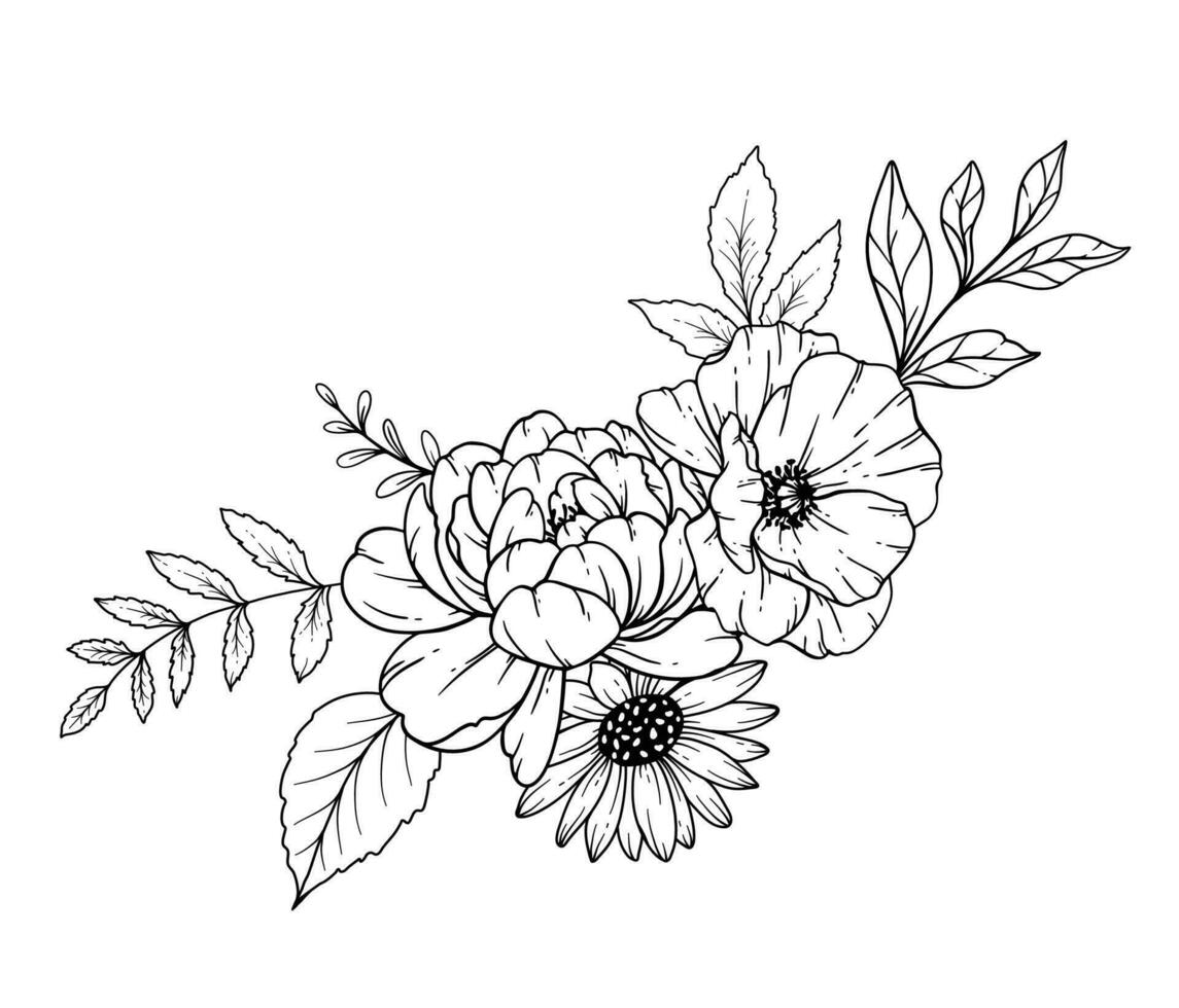 vild linje teckning. svart och vit blommig buketter. blomma färg sida. blommig linje konst. bra linje vild illustration. hand dragen blommor. botanisk färg. bröllop inbjudan blommor vektor