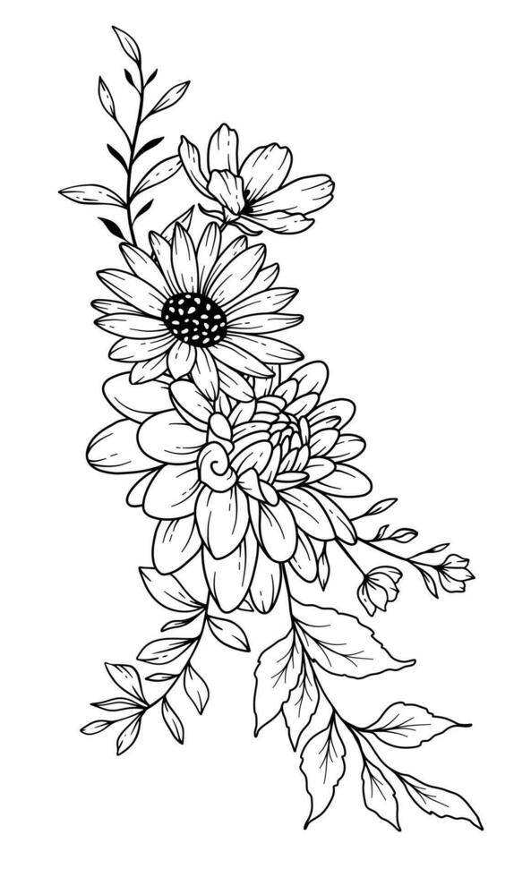 Wildblumen Linie Zeichnung. schwarz und Weiß Blumen- Blumensträuße. Blume Färbung Buchseite. Blumen- Linie Kunst. fein Linie Wildblumen Illustration. Hand gezeichnet Blumen. botanisch Färbung. Hochzeit Einladung Blumen vektor