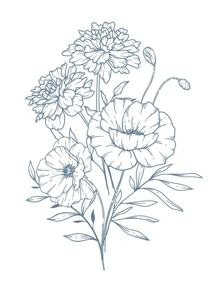 Wildblumen Linie Zeichnung. schwarz und Weiß Blumen- Blumensträuße. Blume Färbung Buchseite. Blumen- Linie Kunst. fein Linie Wildblumen Illustration. Hand gezeichnet Blumen. botanisch Färbung. Hochzeit Einladung Blumen vektor