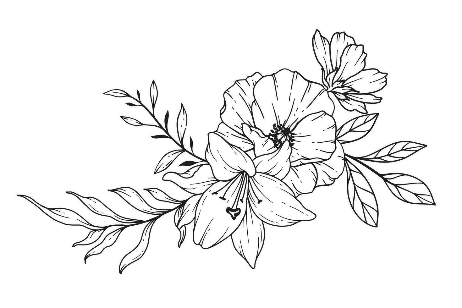 Wildblumen Linie Zeichnung. schwarz und Weiß Blumen- Blumensträuße. Blume Färbung Buchseite. Blumen- Linie Kunst. fein Linie Wildblumen Illustration. Hand gezeichnet Blumen. botanisch Färbung. Hochzeit Einladung Blumen vektor