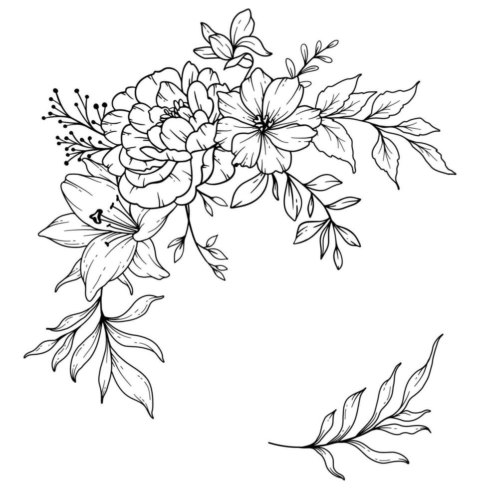 vild linje teckning. svart och vit blommig ramar. blommig linje konst. bra linje vild illustration. hand dragen översikt blommor. botanisk färg sida. bröllop inbjudan blommor vektor