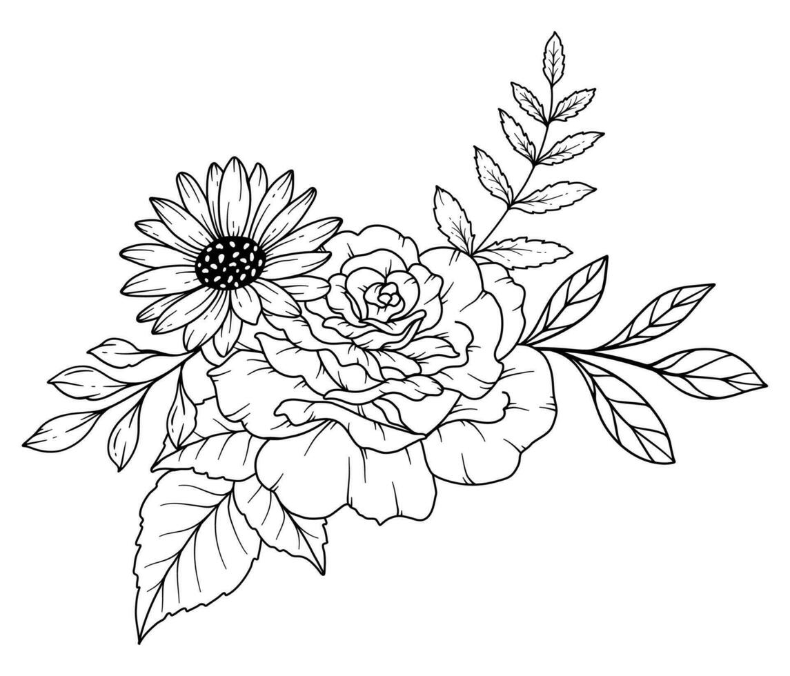 Wildblumen Linie Zeichnung. schwarz und Weiß Blumen- Blumensträuße. Blume Färbung Buchseite. Blumen- Linie Kunst. fein Linie Wildblumen Illustration. Hand gezeichnet Blumen. botanisch Färbung. Hochzeit Einladung Blumen vektor