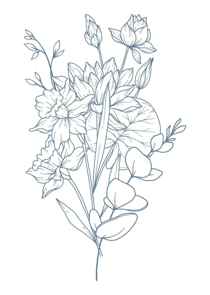 vild linje teckning. svart och vit blommig buketter. blomma färg sida. blommig linje konst. bra linje vild illustration. hand dragen blommor. botanisk färg. bröllop inbjudan blommor vektor