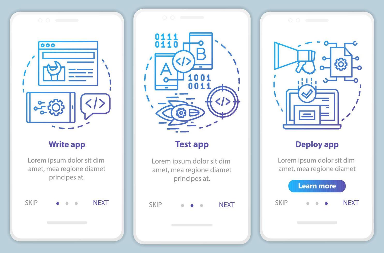 Anwendungsentwicklung Onboarding Mobile App-Seite Bildschirmvektorvorlage vektor