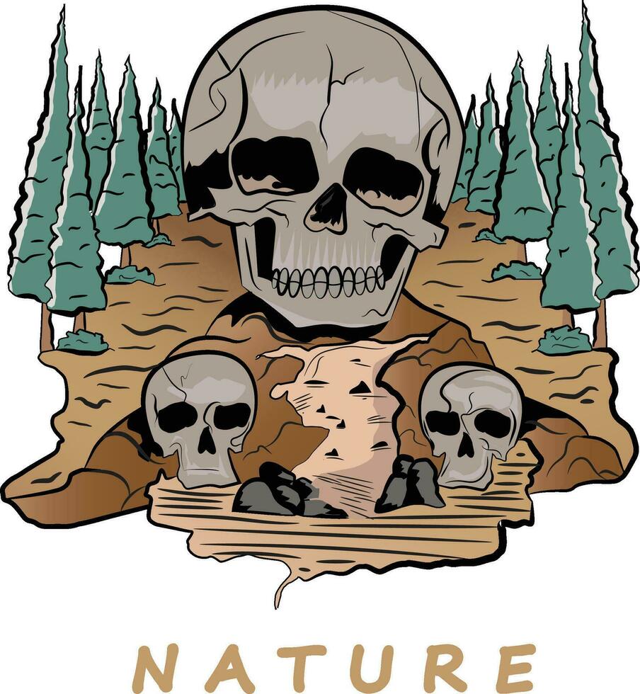 Schädel entspannend auf das Boden, Illustration von ein Schädel im das Wald, Illustration von ein Schädel zum T-Shirt Design vektor