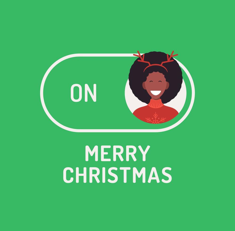 Gruß Weihnachtskarte. Kreativer Frohe Weihnachten oder Neujahr Konzept Modus Schalter umschalten. Slider-Button auf Xmas flache Vektorgrafik mit Charakter-Person-Avatar auf grünem Knopf. vektor