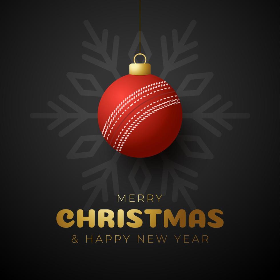 Cricket Frohe Weihnachten und guten Rutsch ins neue Jahr Luxus-Sport-Grußkarte. Cricketball als Weihnachtskugel im Hintergrund. Vektor-Illustration. vektor