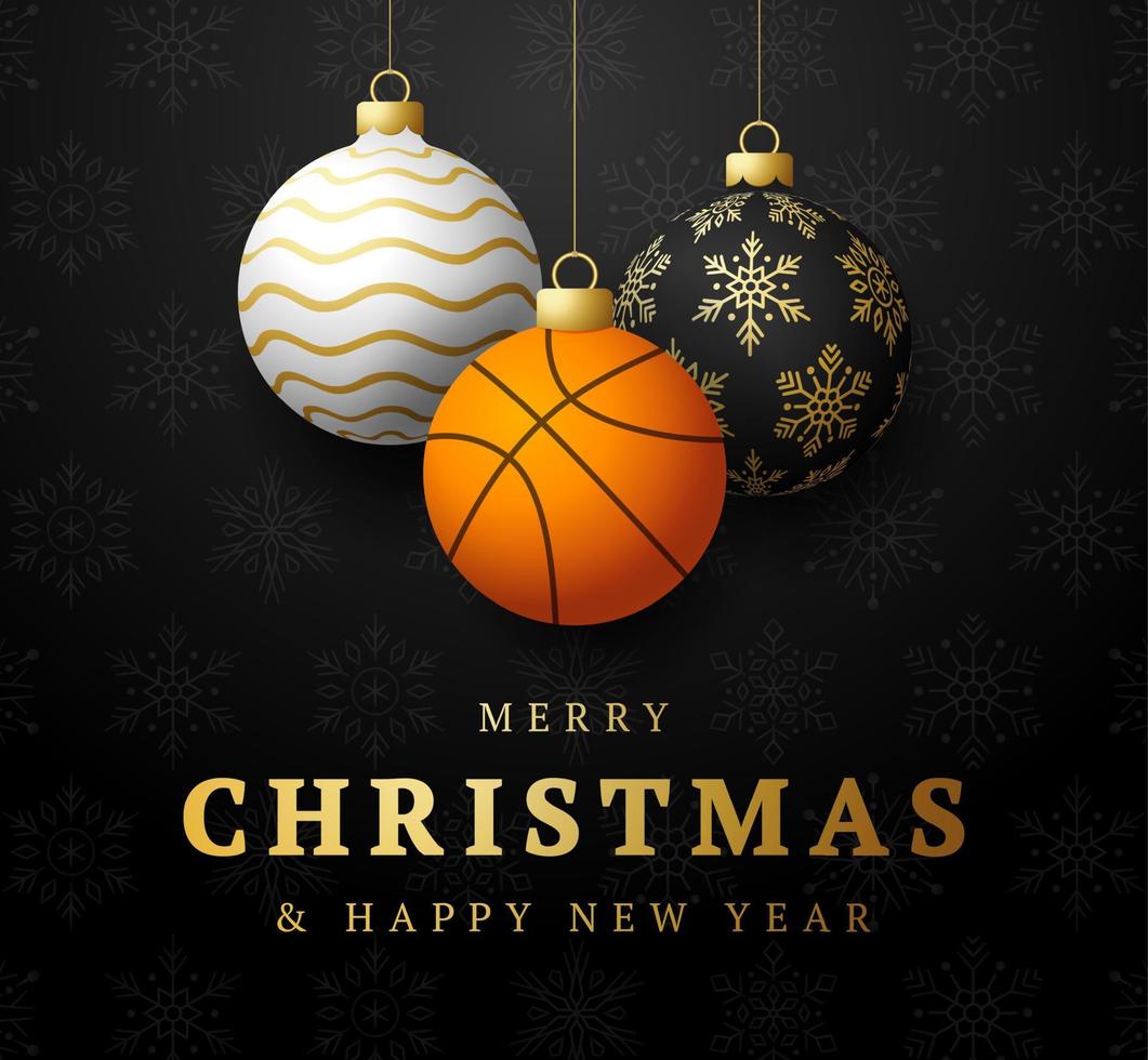 Basketball Frohe Weihnachten und guten Rutsch ins neue Jahr Luxus-Sport-Grußkarte. Basketballball als Weihnachtskugel im Hintergrund. Vektor-Illustration. vektor