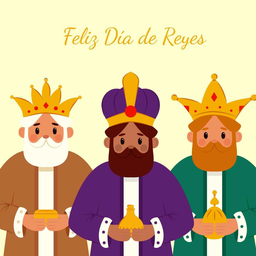 glücklich drei Könige Tag Karte. Vektor Illustration von drei Könige Tragen Geschenke zu Jesus Christus.