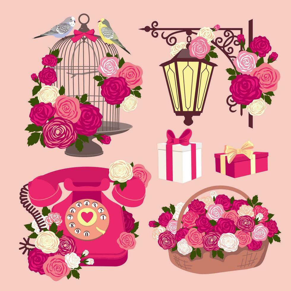 ein einstellen von romantisch Vektor Abbildungen zum Valentinstag Tag. Jahrgang Telefon, Blumen, ein Käfig mit liebend Papageien, ein Straße hängend Laterne, ein Blume Korb. illustriert Vektor Clip Art.