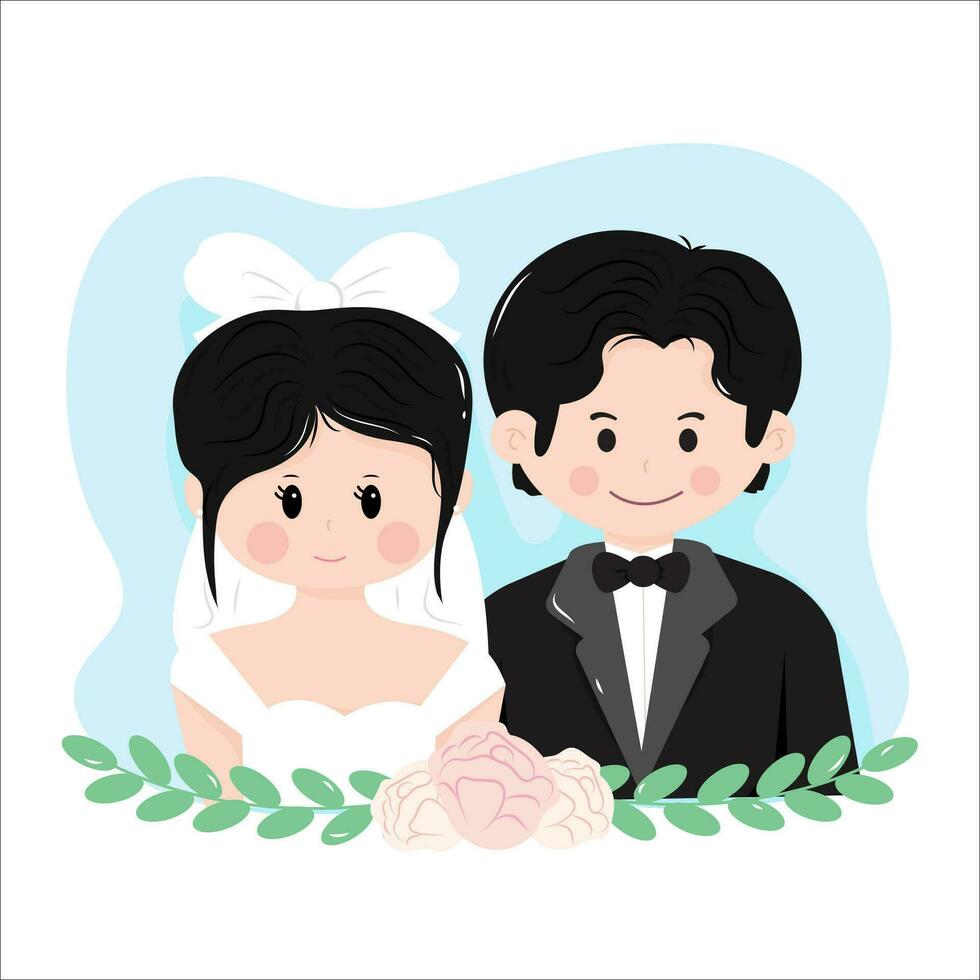 bröllop illustration. tecknad serie bilder av de brud och brudgum på deras bröllop dag. vektor