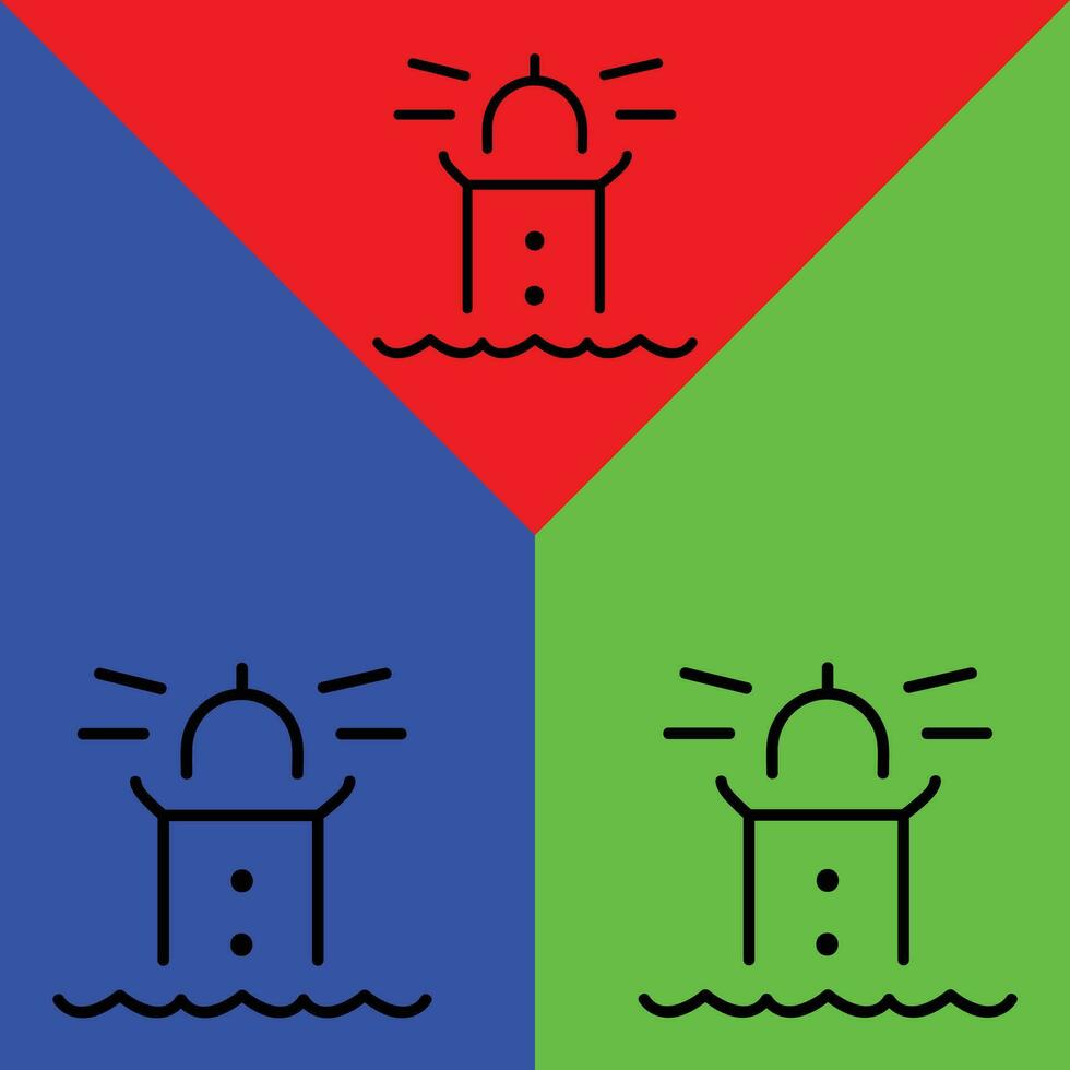 Leuchtturm Vektor Symbol, Gliederung Stil Symbol, von Abenteuer Symbole Sammlung, isoliert auf Rot, Blau und Grün Hintergrund.