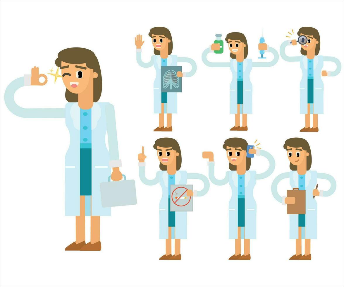 Arzt im verschiedene Posen. eben Stil Vektor Illustration isoliert auf Weiß Hintergrund.