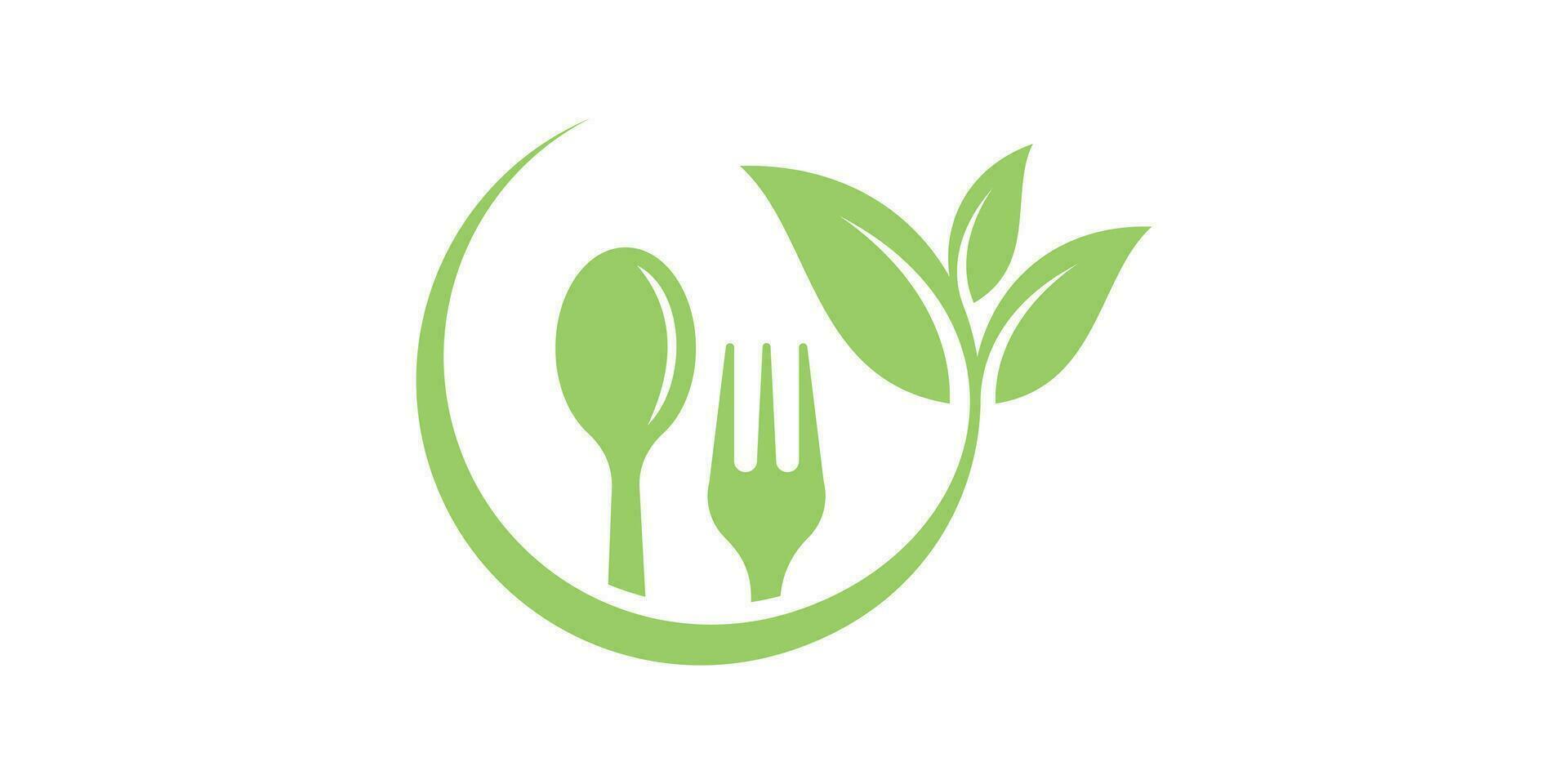 gesund Essen Logo Design mit Besteck und Blatt Elemente. vektor