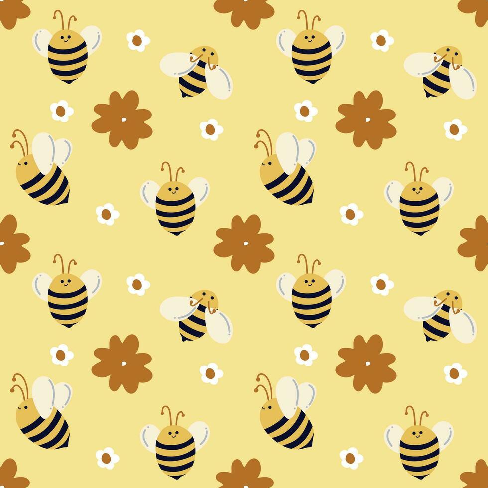 Bienen Bewegung im anders Richtungen auf ein Gelb Hintergrund mit Gänseblümchen. nahtlos Muster mit Bienen zum Kinder. Sommer- Muster vektor