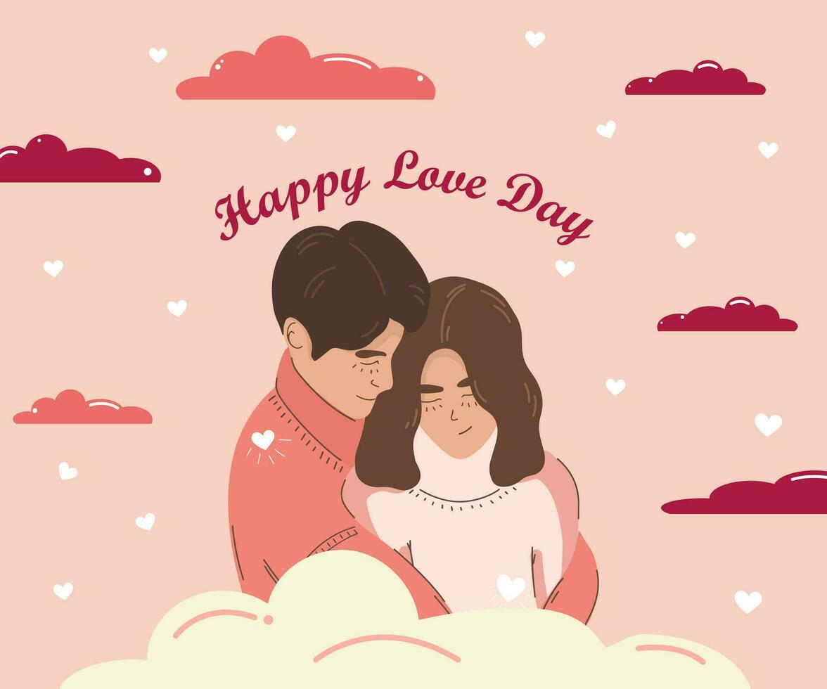 Postkarte mit ein Paar im Liebe umarmen. Rosa Wolken. glücklich Liebe Tag vektor