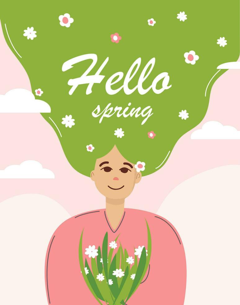 Hej vår. vår flicka med lång grön hår innehar blommor i henne händer. vykort och en baner för vår. rosa baner. bördig landa vektor