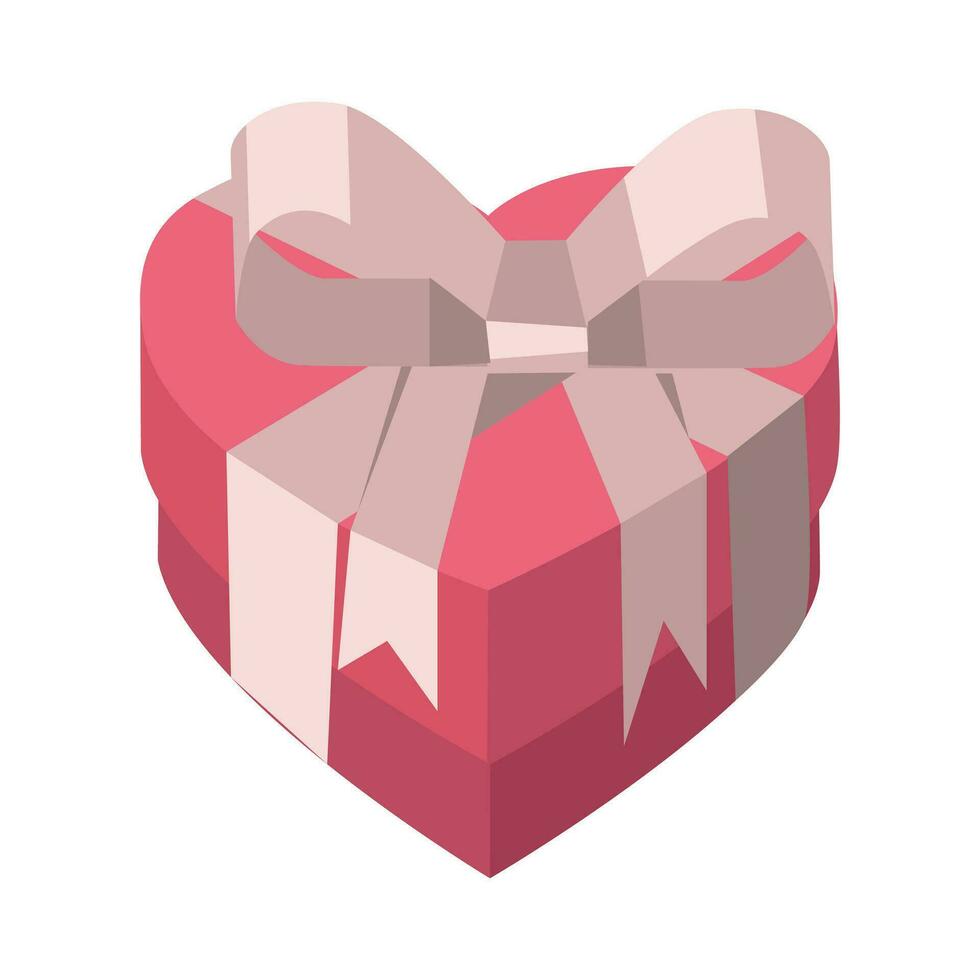 Rosa Geschenk Box mit ein Band Bogen im das gestalten von ein Herz. ein Illustration von dreidimensional isometrisch Geschenke. ein Valentinstag Tag Geschenk isoliert auf ein Weiß Hintergrund. zart Schattierungen, geometrisch Formen vektor