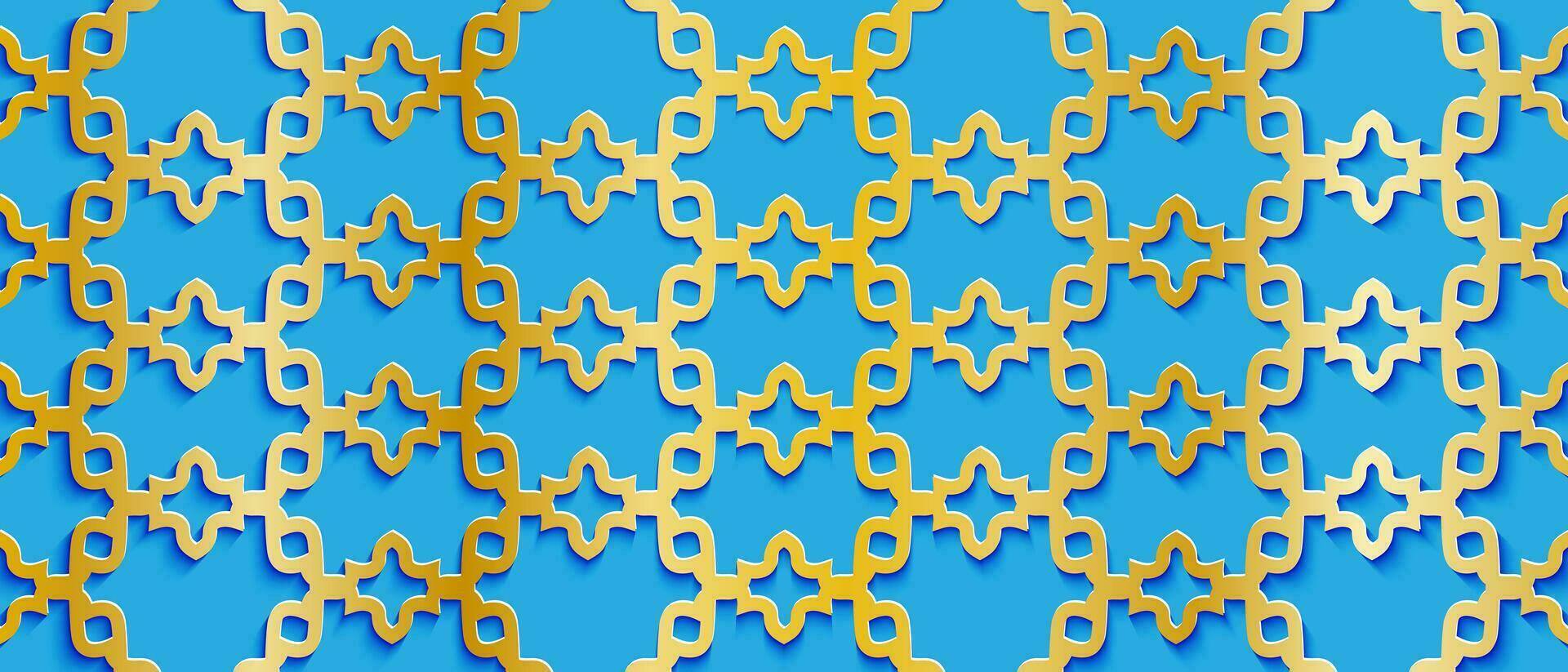 Hintergrund mit Arabisch Reich Muster. Textur von golden islamisch Ornament mit Schatten auf ein Blau Hintergrund. Vektor Illustration.
