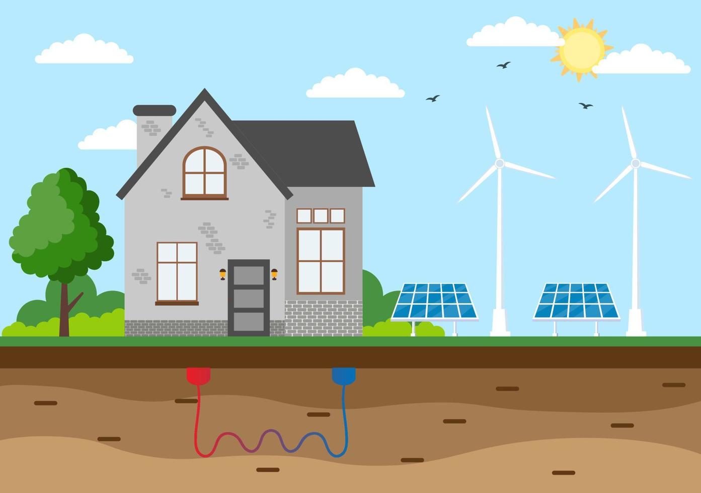 ekologisk hållbar energiförsörjning bakgrund vektor platt illustration kraftverk byggnader med solpaneler, gas, geotermisk, förnybar, vatten och vindkraftverk