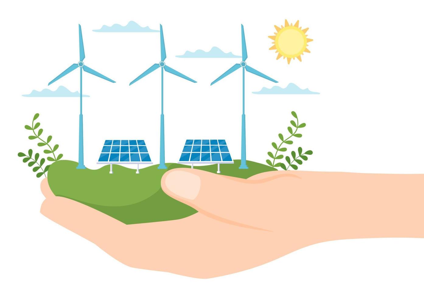 ekologisk hållbar energiförsörjning bakgrund vektor platt illustration kraftverk byggnader med solpaneler, gas, geotermisk, förnybar, vatten och vindkraftverk